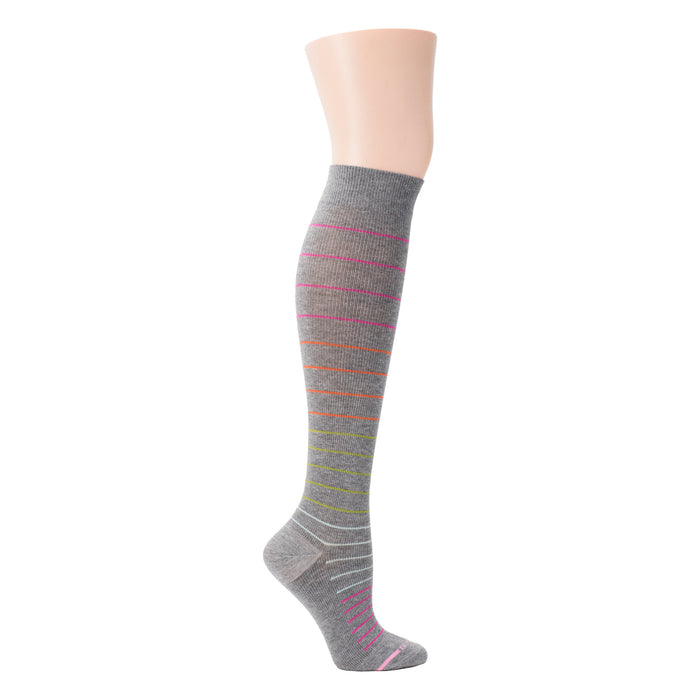 Knee-high compression socks in gray with multi-color pinstripes, displayed on a mannequin leg.