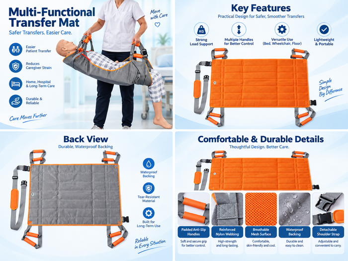 Multi-function patient transfer pad back view with waterproof backing, reinforced stitching, padded handles and adjustable shoulder strap