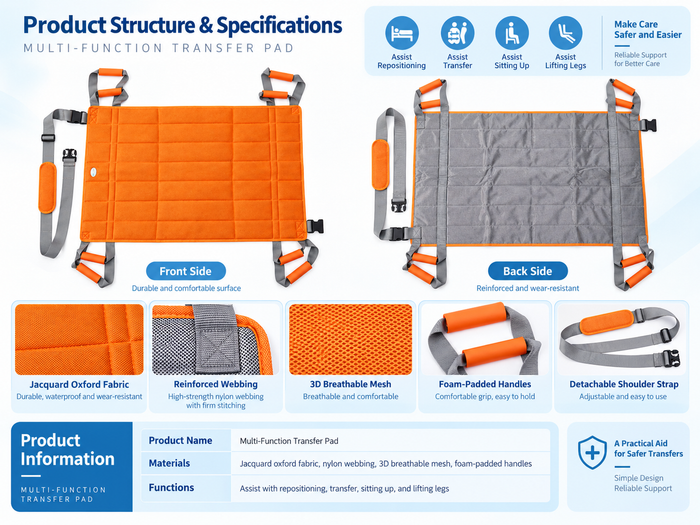 Multi-function patient transfer pad structure and specifications with front and back views, breathable mesh, reinforced webbing and padded handles