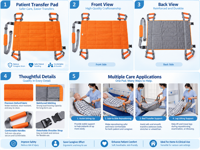 Multi-function patient transfer pad applications for sitting up, repositioning, bed transfer, leg lifting and caregiver assistance