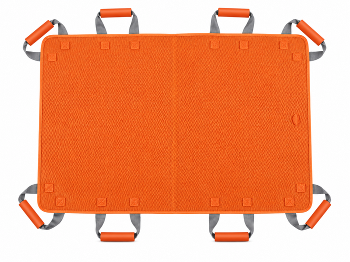 Multi-use patient transfer sling in orange on a clean white background