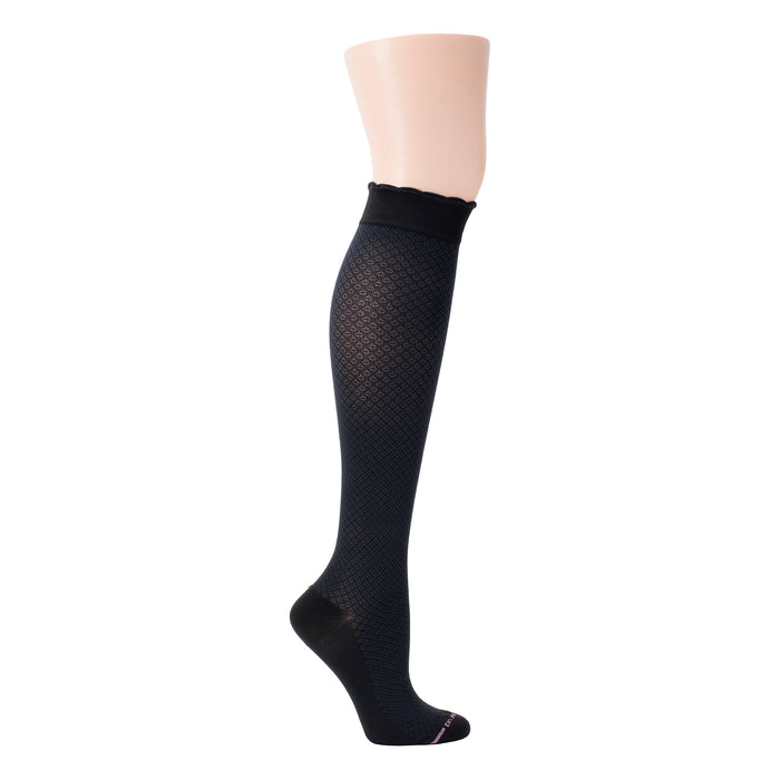 Knee-high compression socks in black with a textured pattern and scalloped top.