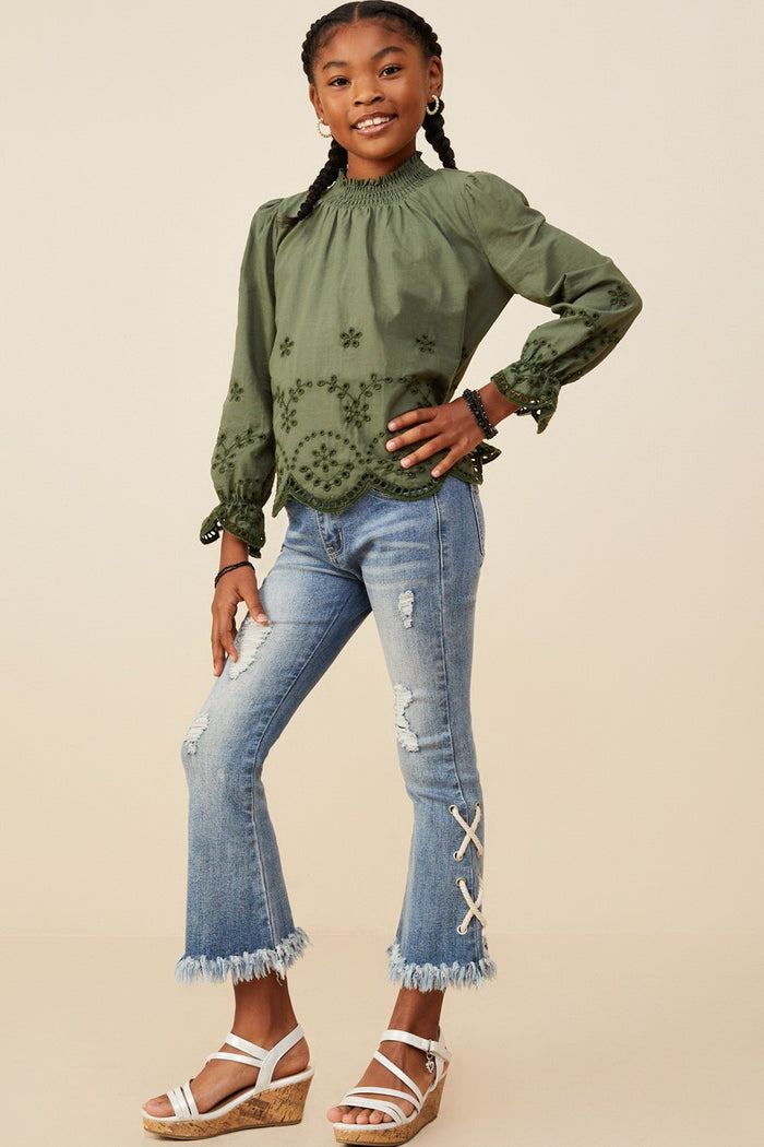 Olive Eyelet Embroidered Hem Top