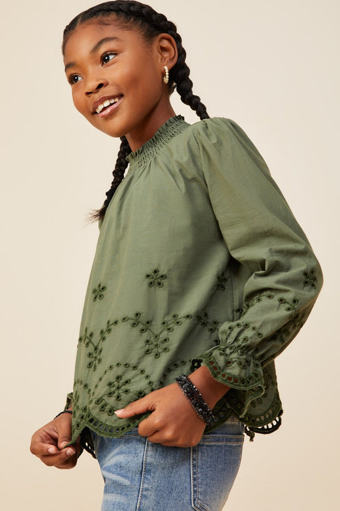 Olive Eyelet Embroidered Hem Top