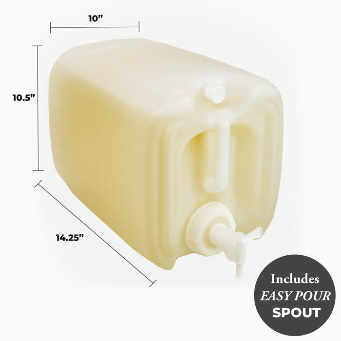 Rustic Strength | 5 Gallon Eco-Jug with Spout (640oz) - On-screen graphics highlight dimensions/features: "10 inches wide, 10.5 inches tall, 14.25 inches deep. - Includes EASY POUR SPOUT"