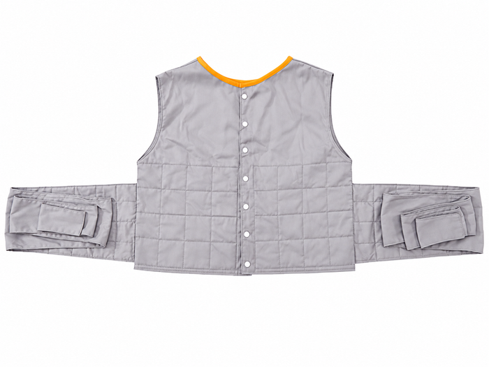 Patient positioning vest in gray with orange trim on a clean white background
