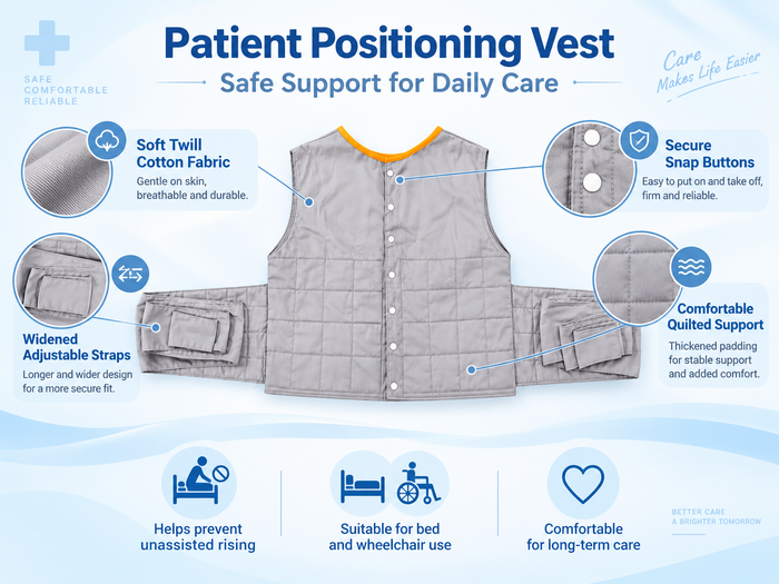 Patient positioning vest feature overview with snap buttons, adjustable straps, quilted support and soft twill cotton fabric