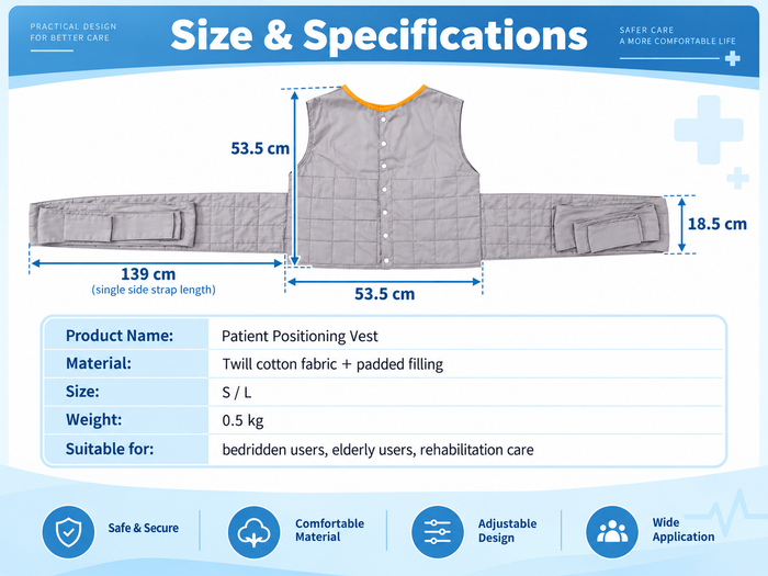 Patient positioning vest size and specifications with 53.5 cm body dimensions, 139 cm side strap length and 0.5 kg weight