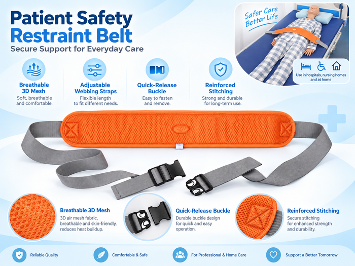 Patient safety restraint belt material details including breathable mesh, reinforced webbing, foam-padded handles and adjustable straps