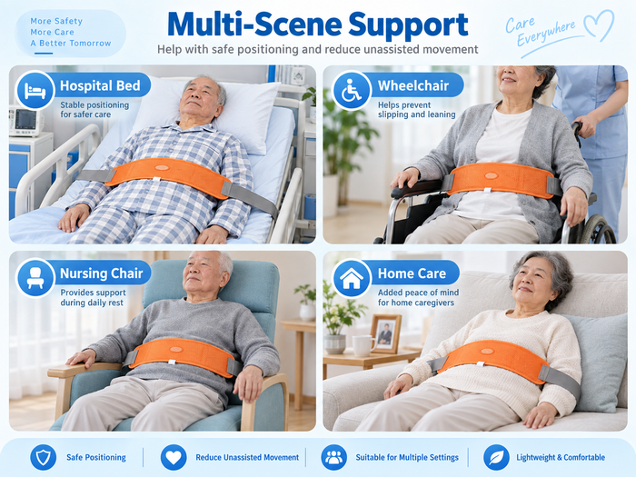 Patient safety restraint belt shown in bed and wheelchair care scenarios