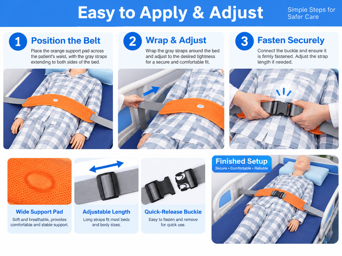 Patient safety restraint belt feature overview with padded handles and adjustable support straps