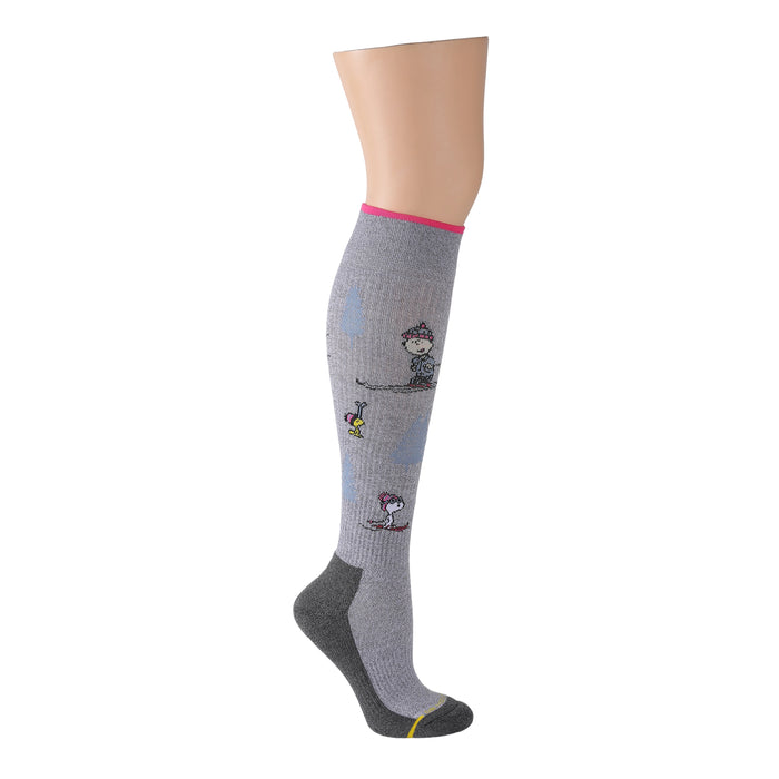 Wine marl knee-high compression socks featuring Peanuts characters on a ski trip design.