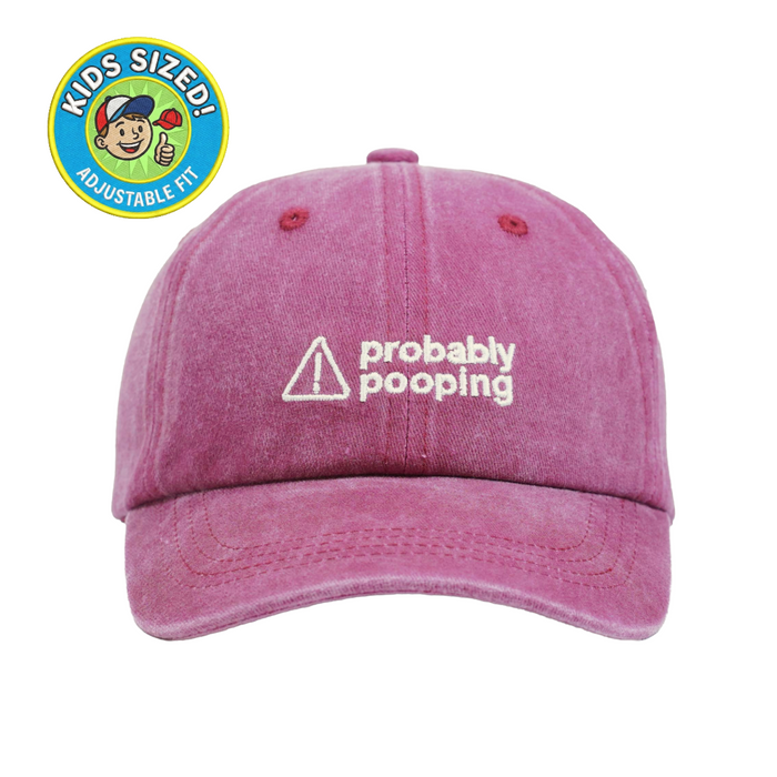 Probably Pooping Kid’s Hat – Funny wine-washed kids cap with embroidered caution symbol and playful text. A memorable gift from Dad Brand.