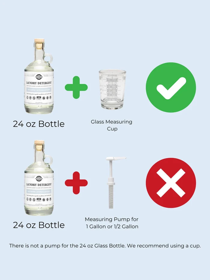Rustic Strength,Graphic showing the Half Gallon and Gallon  Measuring Pump does not fit the 24 oz glass bottle