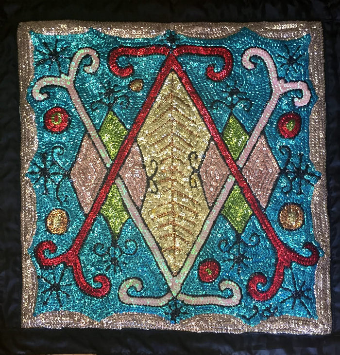 Raoul- Haitian Sequined  and Beaded Voodoo Flag on Satin, 2016 "Aïzan's VèVè" #1MFN 27"x 27"