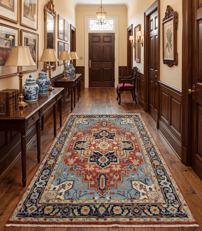 Rust And Blue Traditional Medallion Hand Knotted Wool Area Rug - The Rug Decor