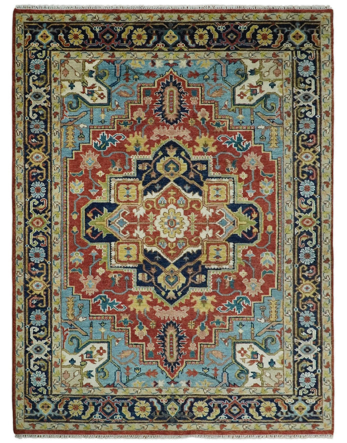 Handmade 6x9 Rust and Blue Traditional Vintage Heriz Serapi Rug | TRDCP11469 - The Rug Decor