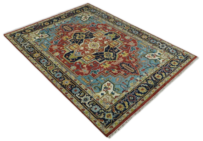 Handmade 6x9 Rust and Blue Traditional Vintage Heriz Serapi Rug | TRDCP11469 - The Rug Decor