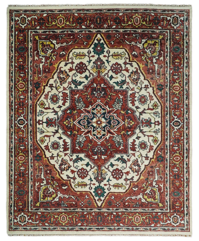Hand Knotted Antique 8x10 Ivory and Rust Traditional Persian Area Rug | TRDCP89810 - The Rug Decor