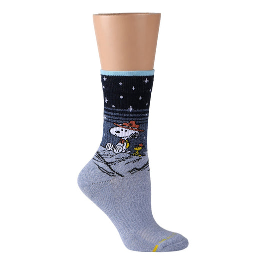 Light blue marl crew compression socks featuring Snoopy and Woodstock under a starry night sky.