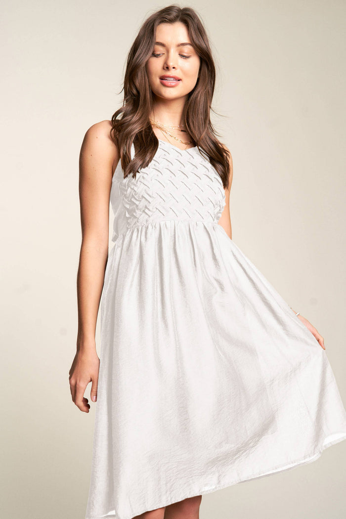SOLID SLEEVELESS KNIT PATTERN FLARED MINI DRESS: S / White