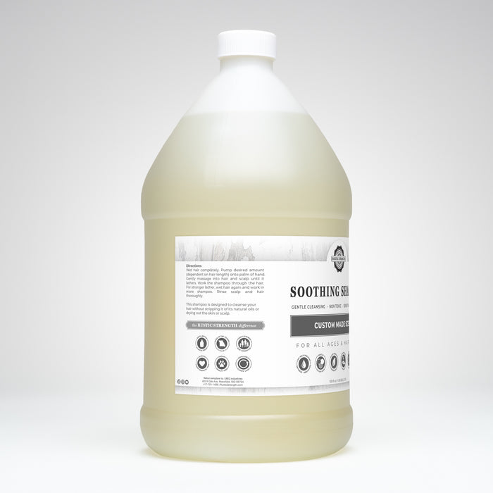 Rustic Strength, Soothing Shampoo, 128oz Plastic, Custom Made Scent, Side View Left