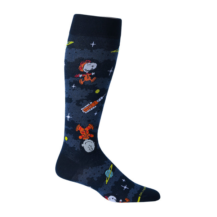 Navy knee-high compression socks for men featuring Snoopy and Charlie Brown space designs.