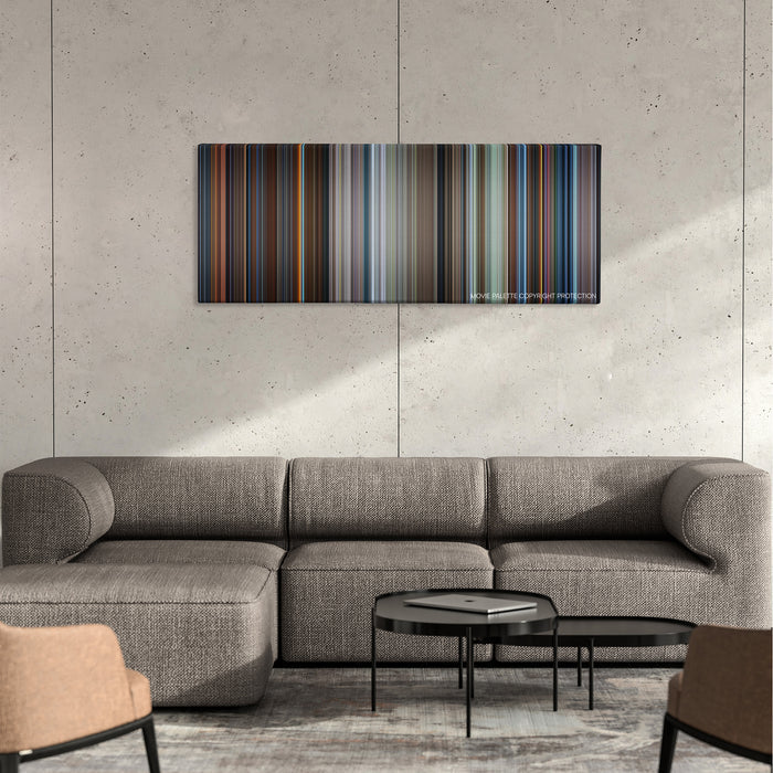 Star Trek IV: The Voyage Home color palette canvas on a concrete wall above a gray sectional sofa
