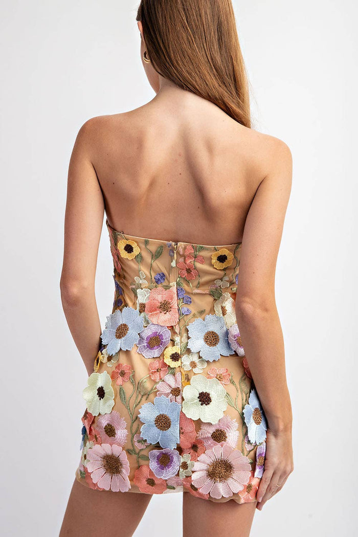 TD4353 FLOWER 3D EMBROIDERY TUBE MINI DRESS: S / Multi Flower