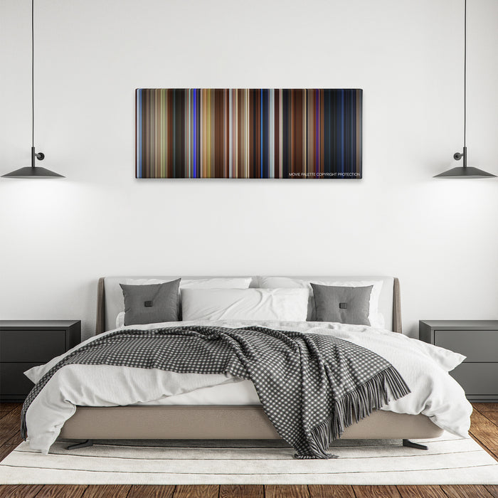 The Craft color palette canvas above a bed, between two black pendant lamps