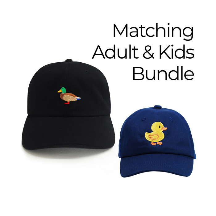 Duck and duckling matching hats with embroidered design. Perfect dad and son set and fun family hats for everyday wear.