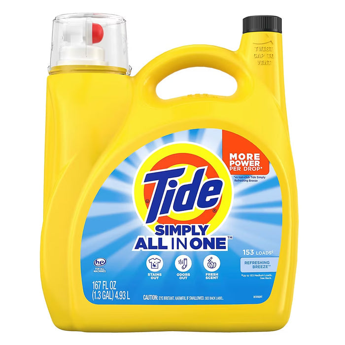 Tide Simply All-In-One Liquid Laundry Detergent, Refreshing Breeze, 153 Loads, 167 fl. oz.
