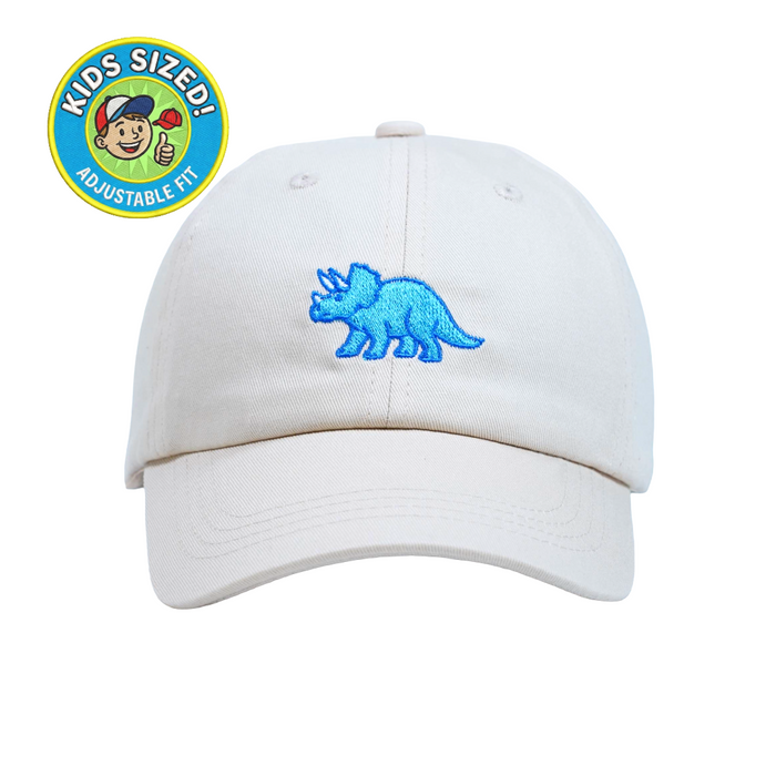 Triceratops Kid’s Hat – Light cream embroidered dinosaur cap for kids with blue triceratops design. A cute gift for young dinosaur lovers from Dad Brand.
