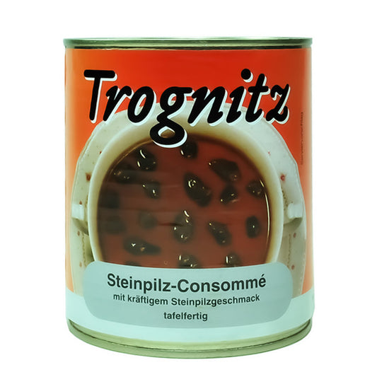 Trognitz Steinpilz Consomme - Konservendose mit rotem Etikett und Motiv mit Consomme