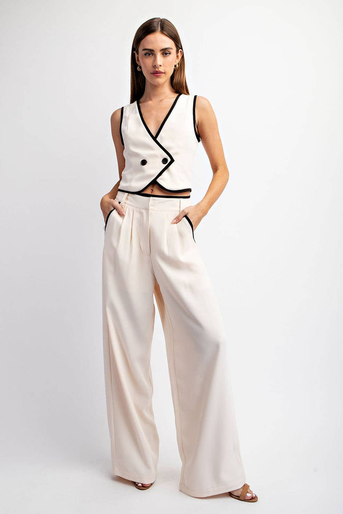 TT4265 DOUBLE-BREASTED WOVEN VEST CONTRAST EDGE: Cream Black / M