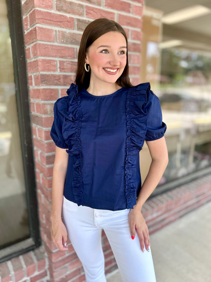 Walk Of Champions Navy Ruffle Top