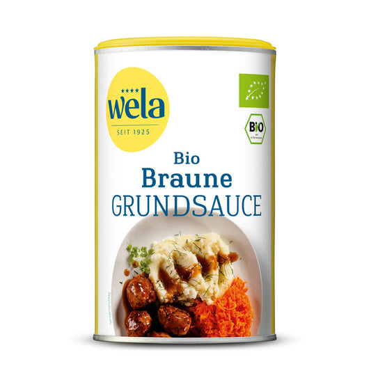 Wela Bio Braune Grundsauce - eine Dose mit weiß-gelbem Etikett, Produktbezeichnung und Tellergericht als Motiv.