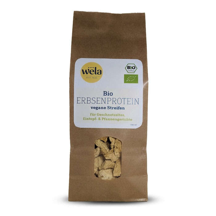 Wela Bio Erbsenproteinstreifen – brauner Beutel mit Sichtfenster und weißem Etikett mit grüner und blauer Aufschrift.