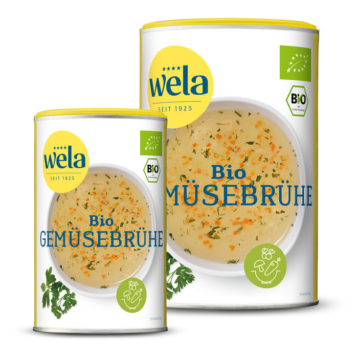 Wela Bio Gemüsebrühe gekörnt - eine kleine Dose und eine Vorratsdose mit gelb-weißem Vorderseitenetikett, Motiv einer Brühe mit Kräutern.