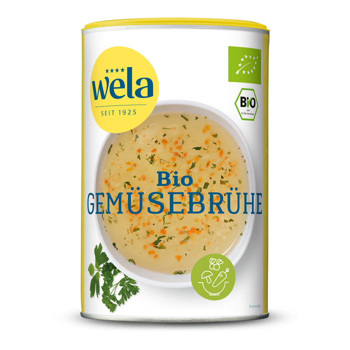 Wela Bio Gemüsebrühe gekörnt - Vorratsdose mit gelb-weißem Vorderseitenetikett., Motiv einer Brühe mit Kräutern.