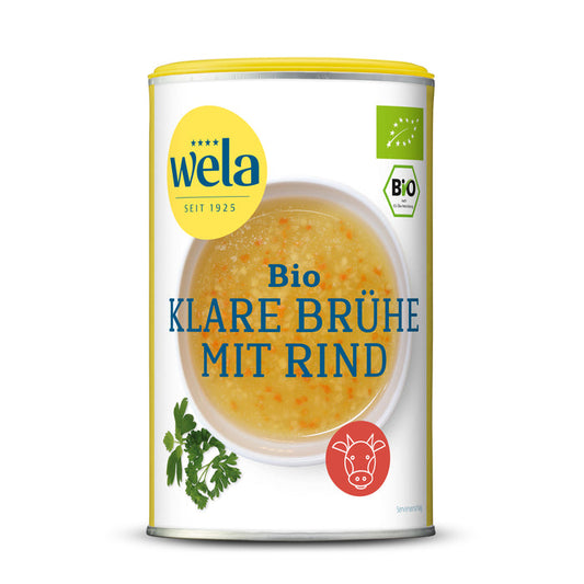 Wela Bio Klare Brühe mit Rind gekörnt - Dose mit gelb-weißem Vorderseitenetikett, Motiv einer Brühe mit Kräutern.