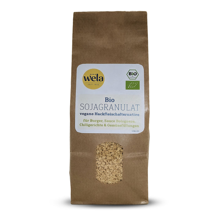 Wela Bio Sojagranulat – brauner Beutel mit Sichtfenster und weißem Etikett mit grüner und blauer Aufschrift.