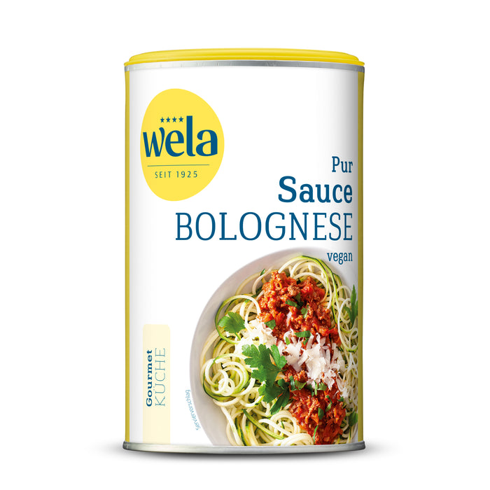 Wela Sauce Bolognese vegan pur - Dose mit gelb-weißem Vorderseitenetikett, Motiv eines Pastagerichts.