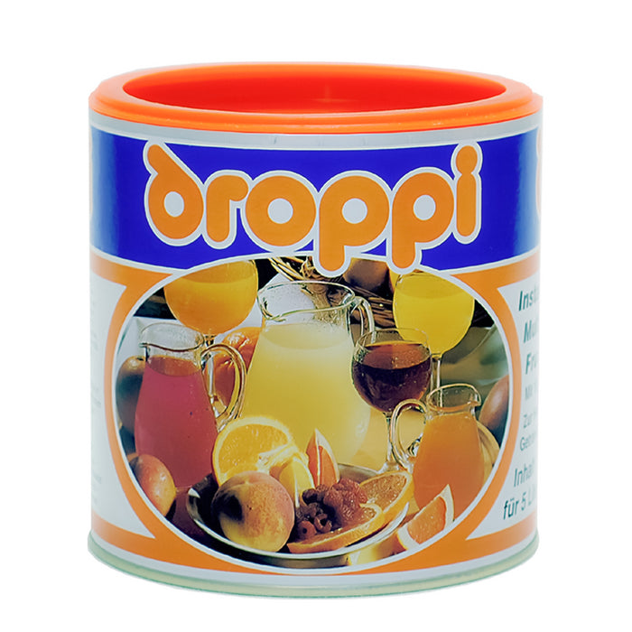 Wela Droppi Multivitamin Geschmack - eine Dose mit bunten Illustrationen auf dem Etikett.