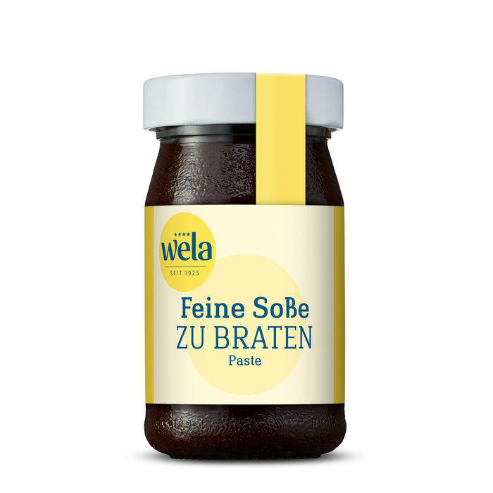 Wela Feine Soße zu Braten Paste - kleines Glas mit dunkler Soßenpaste, gelb-weißem Vorderseitenetikett und gelber Banderole.