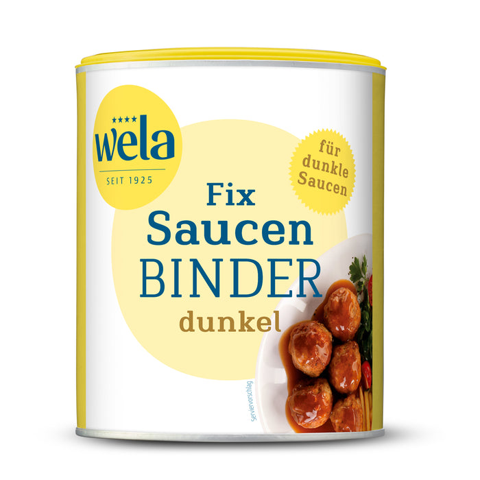 Wela Fix Saucenbinder dunkel - eine Dose mit weiß-gelbem Etikett,  Produktbezeichnung und Tellergericht als Motiv.