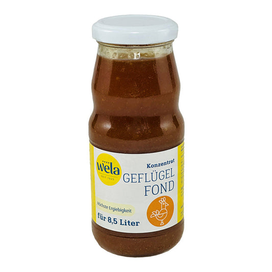 Wela Geflügelfond Konzentrat - Flasche mit dunklem Fond und gelb-weißen Etikett.