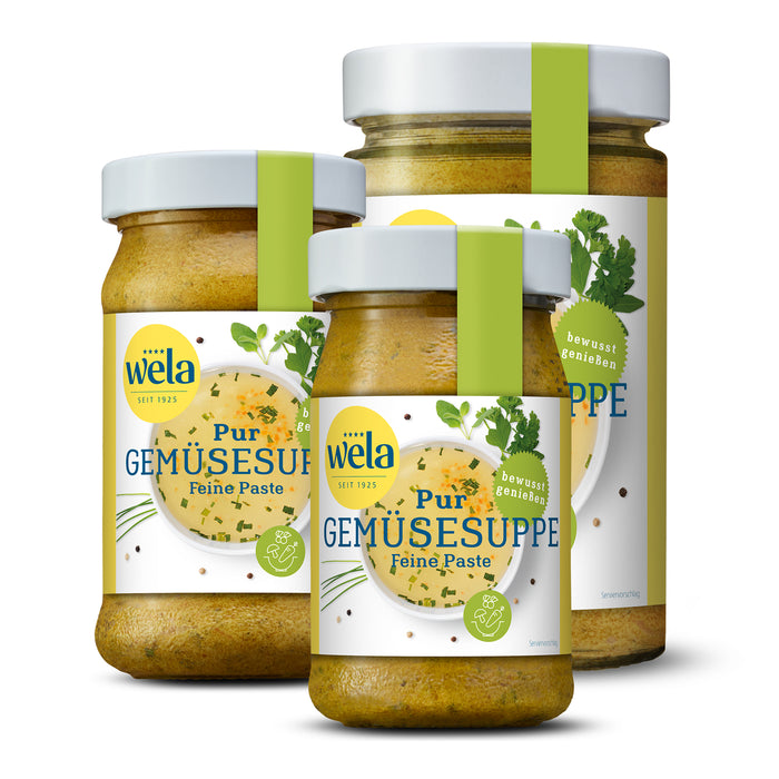 Wela Gemüsesuppe Pur Feine Paste, drei Gläser in verschiedenen Größen