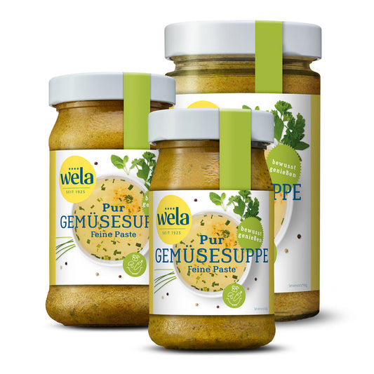 Wela Gemüsesuppe Pur Feine Paste, drei Gläser in verschiedenen Größen