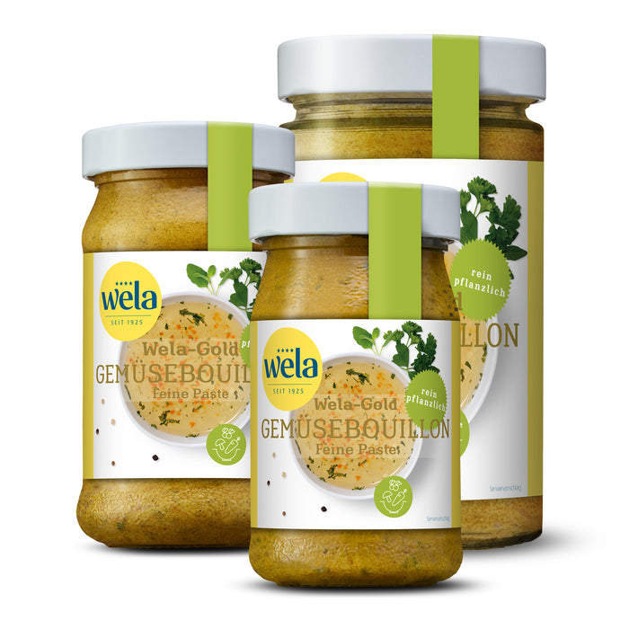 Wela Gold Gemüsebouillon Feine Paste, rein pflanzlich, drei Gläser in verschiedenen Größen